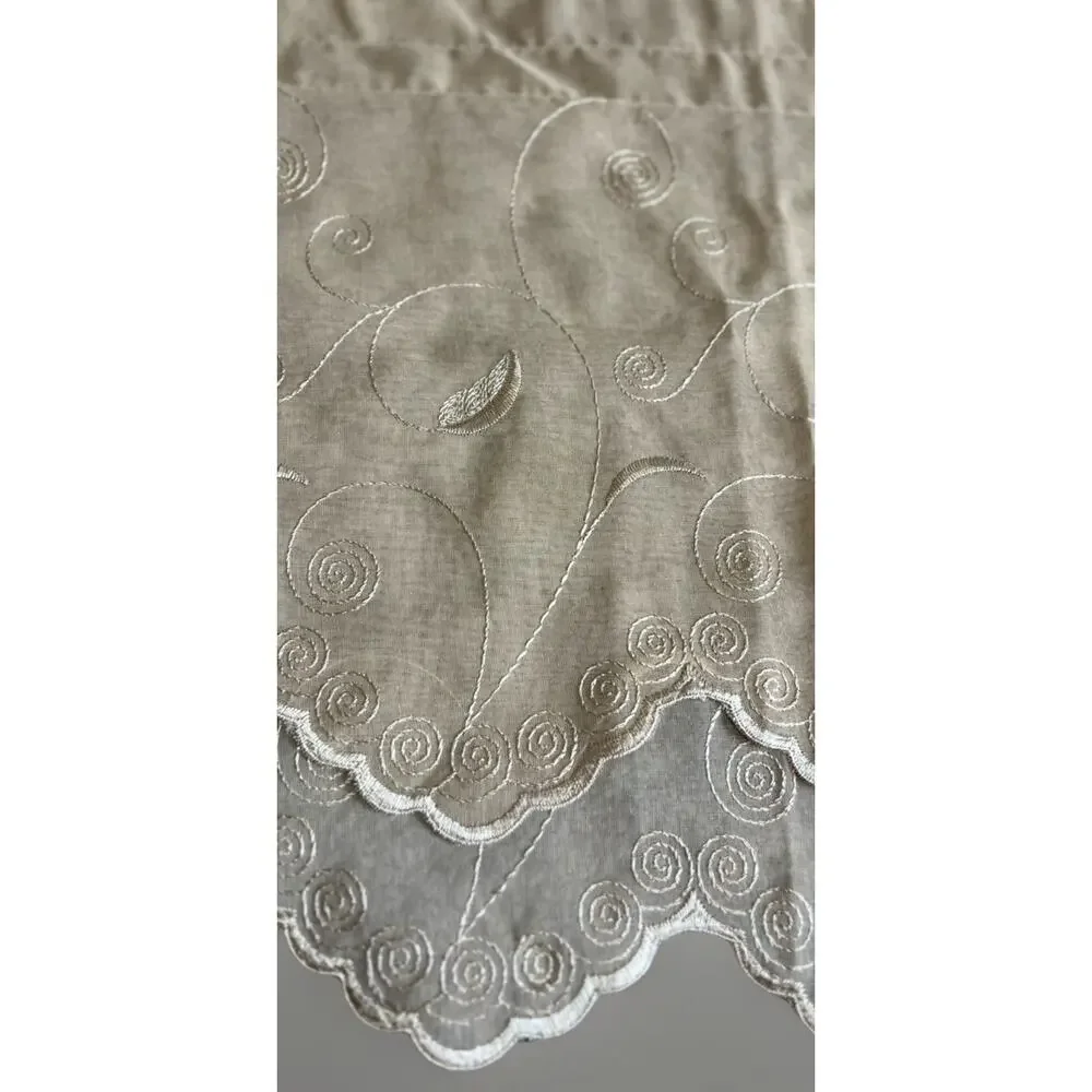 Lot of 5 Valance Tan Chiffon Embroidered Swirl Scalloped Tiered Curtain Natural